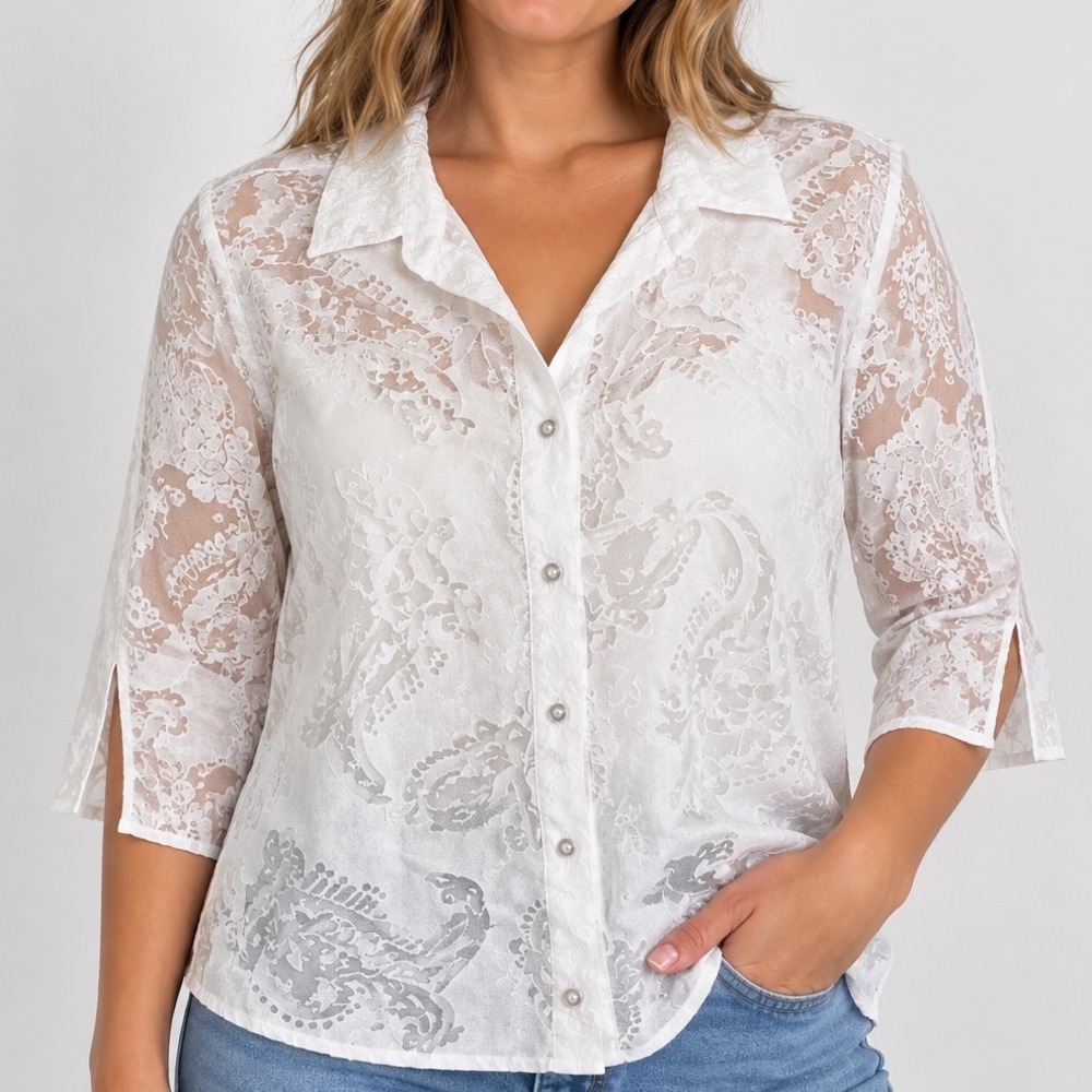 White Linen Blend Burnout Paisley Blouse Womens L Sheer 3/4 Sleeve Coastal Boho